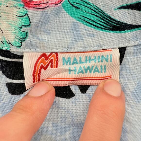 Malihini Hawaii Vintage Hawaiian Shirt Sz M Blue Floral Palm Tree Aloha Cotton - Picture 3 of 4